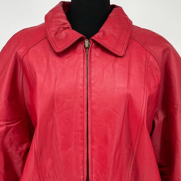 VENEZIA Vtg Leather Jacket Women's Size XL Red Quilted Lining Full Zip Coat Pkts - Picture 2 of 15